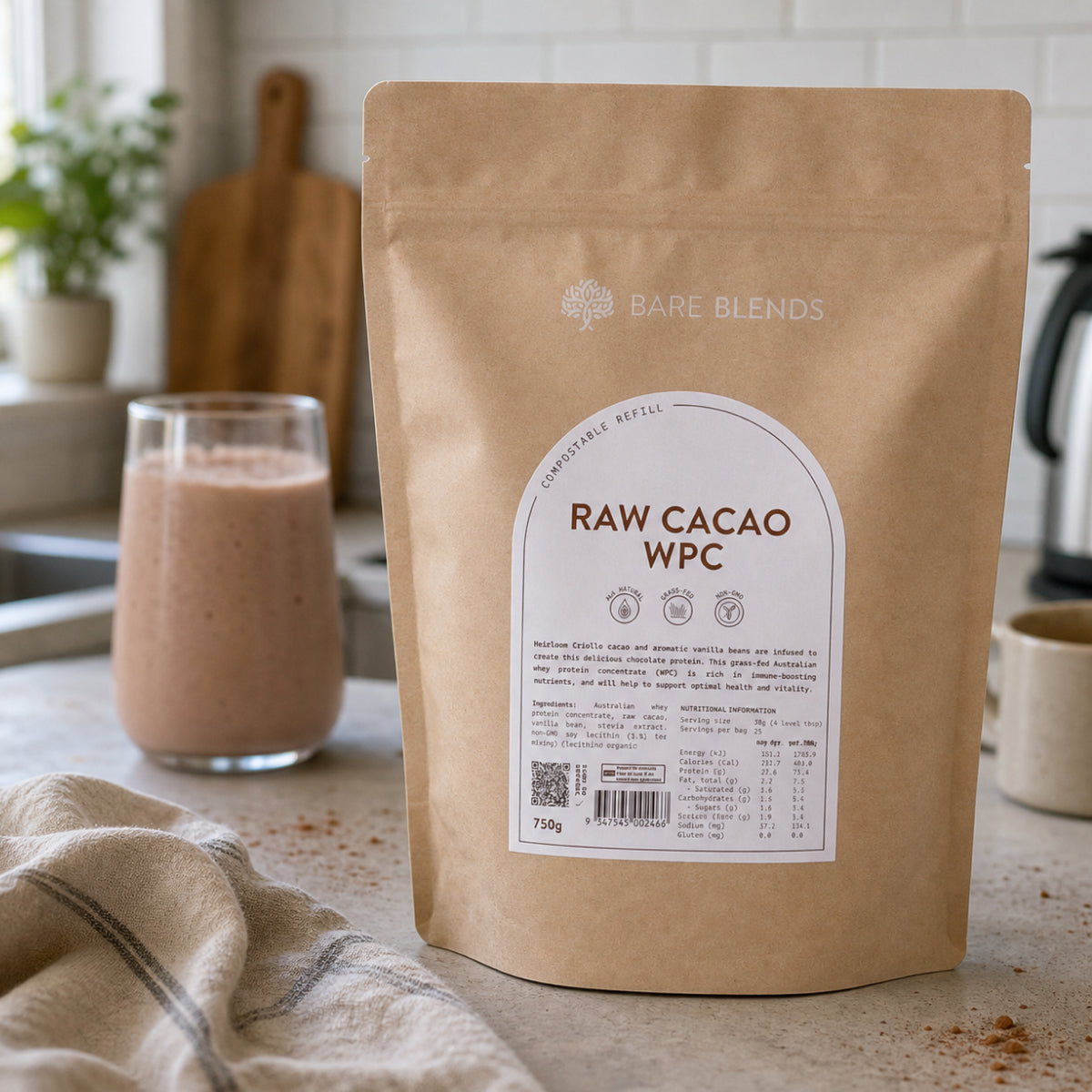 Bare Blends Raw Cacao WPC 750g pouch beside a chocolate protein shake in a kitchen