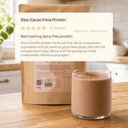 Chocolate smoothie and Bare Blends Raw Cacao Fava Protein pouch with customer review