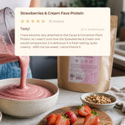 Strawberry smoothie, fresh strawberries and Bare Blends Strawberries & Cream Fava Protein with customer review