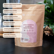 Bare Blends Strawberries & Cream Fava Protein 500g pouch with product feature callouts