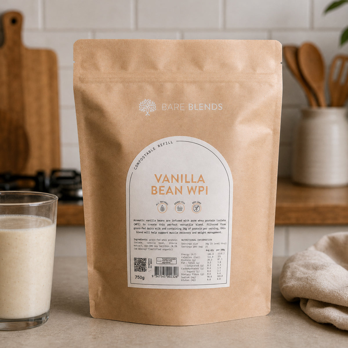 Bare Blends Vanilla Bean WPI 750g pouch beside a vanilla protein shake in a kitchen