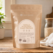 Bare Blends Vanilla and Coconut Plant Protein 750g pouch on a kitchen bench