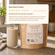 Bare Plant Protein customer review above a protein shake and product pouch