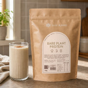 Bare Blends Bare Plant Protein 750g pouch beside an unflavoured protein shake