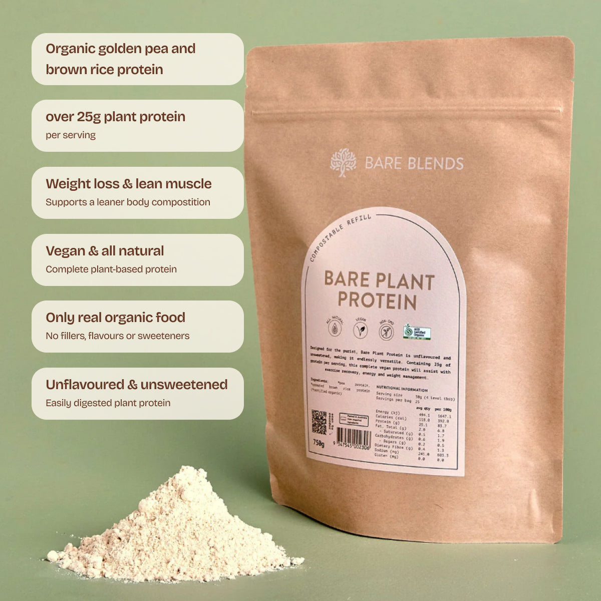 Bare Plant Protein pouch and powder with product feature callouts