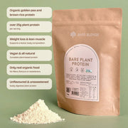 Bare Plant Protein pouch and powder with product feature callouts