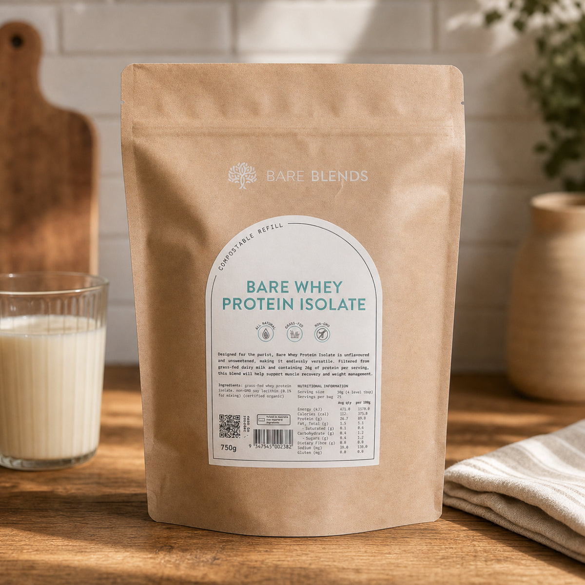 Bare Blends Bare Whey Protein Isolate 750g pouch beside an unflavoured protein shake