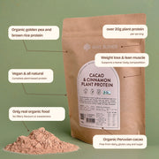 Cacao and Cinnamon Plant Protein pouch and powder with product feature callouts