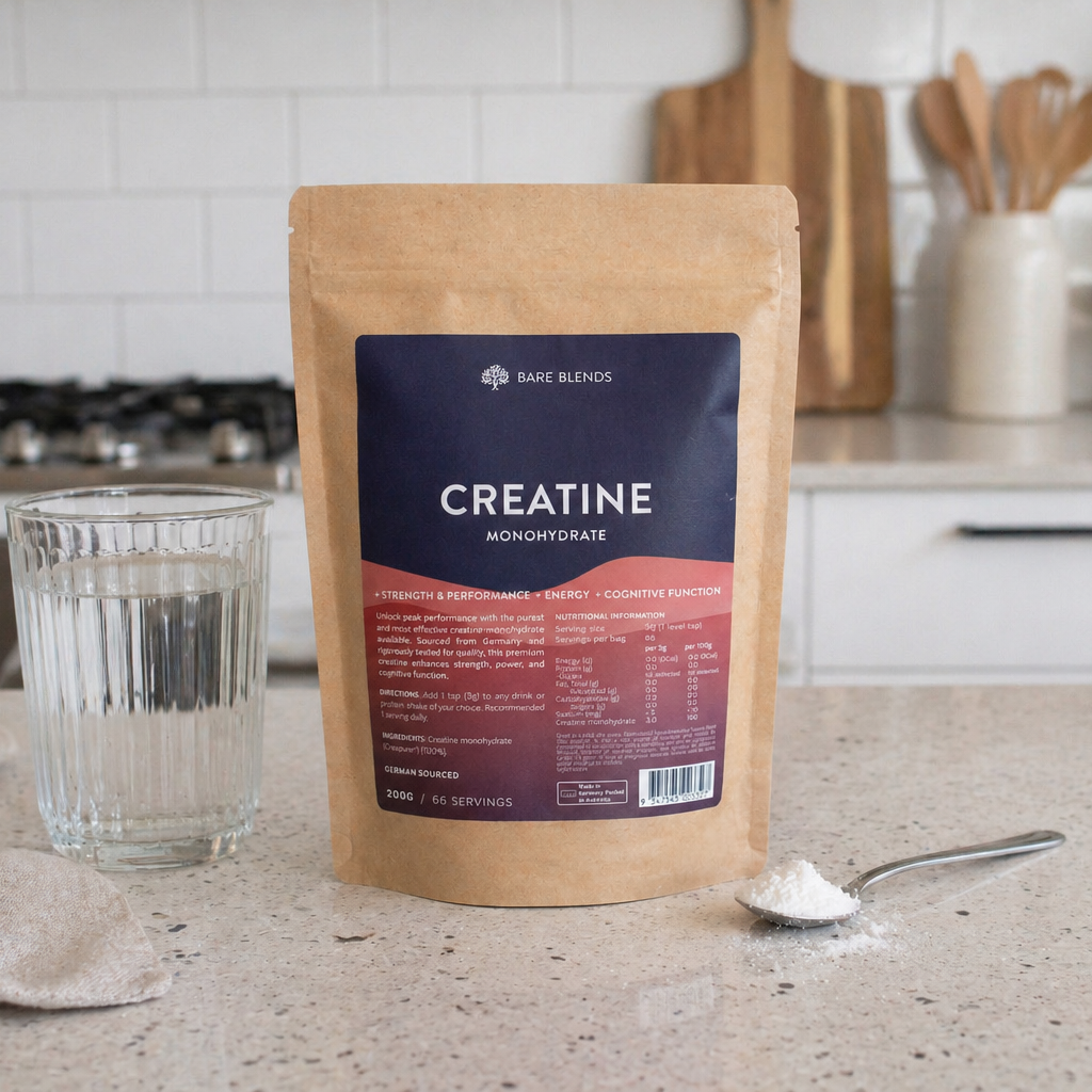 Bare Blends Creatine Monohydrate pouch with water and serving spoon