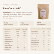 Raw Cacao WPC ingredients, nutrition information and essential amino acid profile