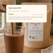 Raw Cacao WPI customer review above a chocolate protein shake and product pouch