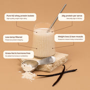 Vanilla Bean WPI protein shake with scoop, vanilla beans and product benefit callouts