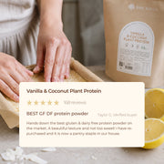 Vanilla and Coconut Plant Protein customer review above baking ingredients and product pouch