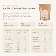 Vanilla and Coconut Plant Protein ingredients, nutrition information and essential amino acid profile